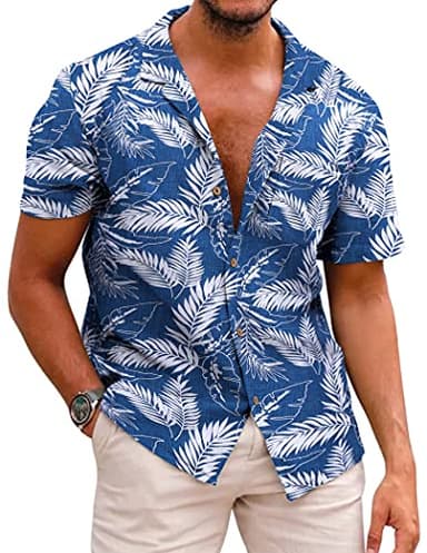 COOFANDY Men Cotton Linen Shirts Short Sleeve Button Down Relaxed Fit Floral Beach Shirts - Image 1