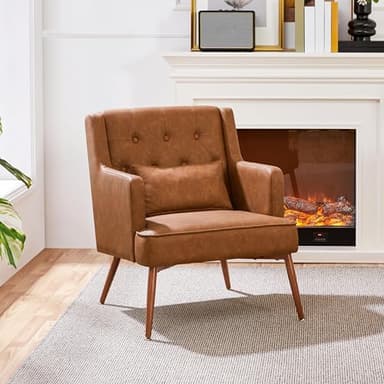 Yaheetech Accent Chair, Living Room Chair Mid Century PU Leather Armchair Lumbar Pillow, Comfy Upholstered Reading Chair Wood Leg Bedroom Lounge Brown - Image 2