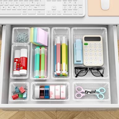 ElegantArray 72 PCS Drawer Organizer Set, 4 Sizes Storage Drawer Units, Clear Plastic Makeup Vanity Organizer and Storage Bins for Makeup, Stationeries, Multiple Gadgets for Bathroom, Office, Bedroom - Image 7