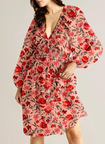 Dokotoo Women's Casual Dresses Long Sleeve V Neck Smocked Boho Floral Fall Dresses for Women 2025 Country Concert Ladies Elegant Beach Vacation Clothes Mini Dress Sundresses Plus Size Pink Large - Image 3