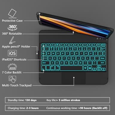 for iPad A16 11th Generation/10th Generation Case with Keyboard,Touch Keyboard for iPad 11" /10th Gen 10.9 inch 2022-10 Color Backlight, 360° Rotatable Protective Cover (Black) - Image 3