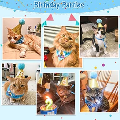 EXPAWLORER Cat Birthday Party Supplies, Cat Birthday Cake Hat & Bandana Scarfs Set, Cute Triangle Scarf with Party Hat and Flag Decorations for Kittens, Small Animals Blue - Image 2