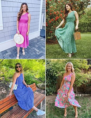 ZESICA Women's 2025 Bohemian Summer Floral Print One Shoulder Sleeveless Smocked Ruffle Tiered Beach Long Midi Dress,GrassGreen,Small - Image 5
