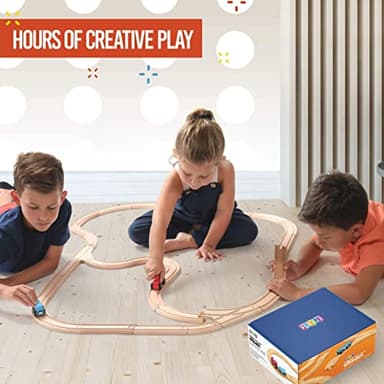 Play22 Wooden Train Tracks - 52 PCS + 2 Bonus Car Toy Trains - for Kids is Compatible with Thomas Wooden Railway Systems and All Major Brands - Original - Image 4