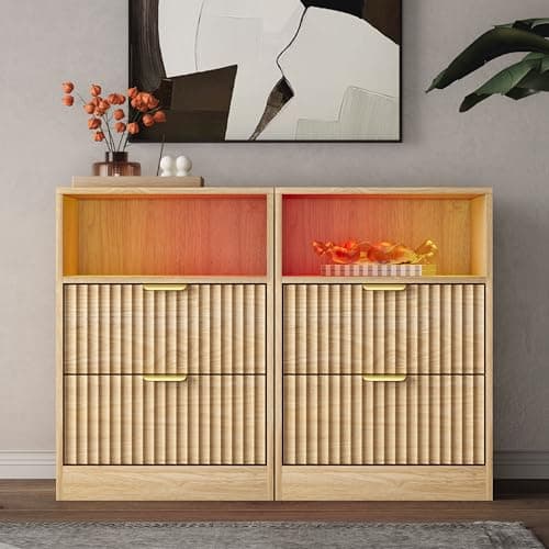 Wodeer LED Nightstand with Charging Station, Fluted Nightstand Set of 2, Wood Nightstands with 2 Drawers & Metal Handles, Modern Bedside Table & End Tables, Farmhouse Night Stands for Bedroom, Natural - Image 1