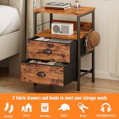 Furologee Nightstands Set 2, Bedside Table with 2 Fabric Drawers, End Table with Hooks and Shelf, for Bedroom/Living Room/Study/Hallway/Brown - Image 5