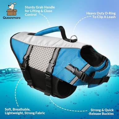 Queenmore Dog Life Jacket Vest for Swimming Boating Kayaking, Small Medium Doggie Puppy Life Preserver Lifesaver Pet PFD Lifejacket Safety Water Vest Pool Floatie (New Blue,M) - Image 2