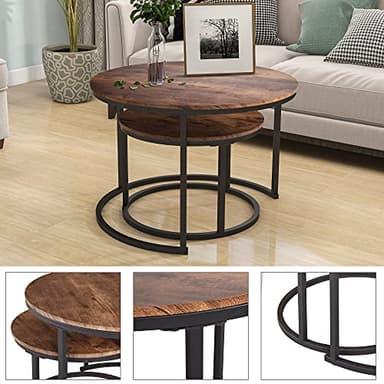 HOJINLINERO Industrial Round Coffee Table Set of 2 End Table for Living Room,Stacking Side Tables, Sturdy and Easy Assembly,Wood Look Accent Furniture with Metal Frame,Black+Rustic Brown - Image 4