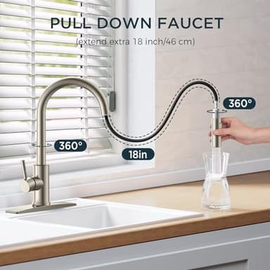 FORIOUS Kitchen Faucet with Pull Down Sprayer, Brushed Nickel High Arc Modern Classic Sink Faucet Stainless Steel with Deck Plate Fit for 1 or 3 Hole for Pot Filler Bar Farmhouse Laundry Rv - Image 3