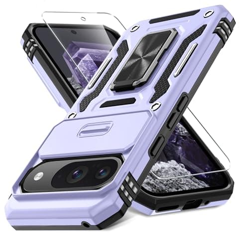DEERLAMN Case for Google Pixel 9/9 Pro with Slide Camera Cover+Screen Protector(1 Pack), Rotated Ring Kickstand Military Grade Shockproof Protective Cover-Light Purple - Image 1