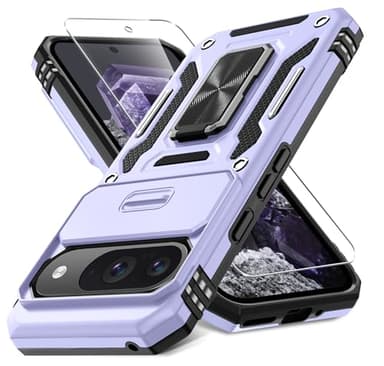 DEERLAMN Case for Google Pixel 9/9 Pro with Slide Camera Cover+Screen Protector(1 Pack), Rotated Ring Kickstand Military Grade Shockproof Protective Cover-Light Purple - Image 1