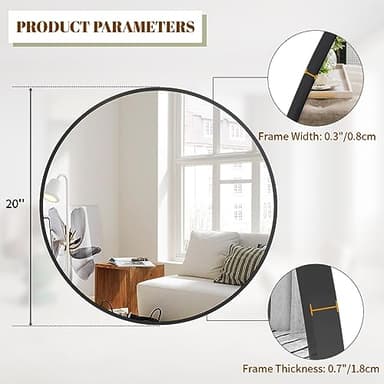 BEAUTYPEAK 20 Inch Round Mirror, Metal Frame Circle Mirror, Wall Mounted for Entryway, Bathroom, Vanity, Living Room, Black - Image 3
