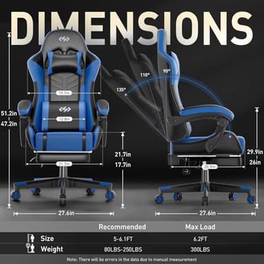 HLDIRECT Gaming Chair, Ergonomic Video Game Seat with 360° Swivel & Lumbar Massage, Computer Chair PU Leather Cushion for Adults Home/Office Use (Black & Blue) - Image 3
