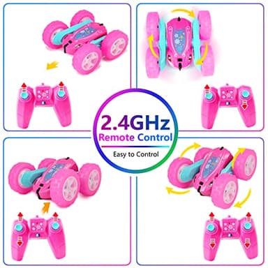 FREE TO FLY Remote Control Car for Girls : Pink RC Car Double Sided 360°Flip Stunt Cars with Headlights & WheelLights Rechargeable Toy Car Birthday Gifts for Girl Kids Age 6 7 8 9 10 11 12 Year Old - Image 3