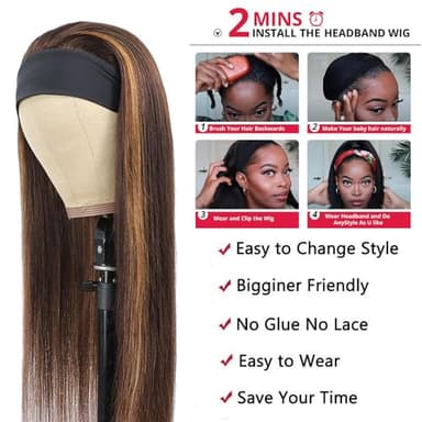 Unvizossa Highlight Ombre Straight Headband Wigs Human Hair Ombre Headband Wig for Women Machine Made Wig Brazilian Virgin Human Hair 150% Density 22 Inch - Image 5