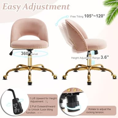 VINGLI Modern Velvet Small Office Chair,Cute Desk Chair with Wheels,Gold Base/Studs, Comfy Armless Swivel Vanity Task Chair for Women/Girl/Kids, Nail Tech Chair for Bedroom,Small Space,Pink - Image 7