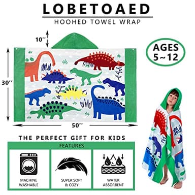 LOBETOAED Kids Hooded Beach Bath Towel, Baby Surf Poncho Toddlers Soft Real Cotton Wrap Changing Robe for Boy Girl Shower/Beach/Pool Child Cover ups 50"x30" Large Towel Wrap, Dinosaur Pattern - Image 2