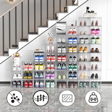 Kjfeoiye 12 Pack Hard Sturdy Thickened Rigid XX Large Shoe Storage Organizer for Closet, Clear Stackable Sneaker Shoe Boxes Rack Containers Display Case Bins with Lids, White - Image 2