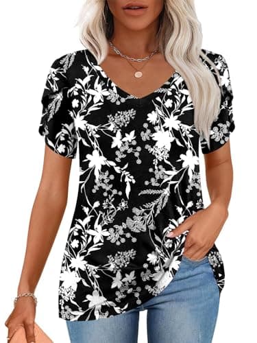 CATHY 2025 Women Tops Summer Comfy Short Sleeve V-Neck Tshirts Stretch Plus Size Blouse Floral B-Windbell XXX-Large - Image 1