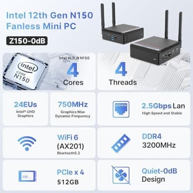 MINIX Z150-0dB Fanless Mini PC, Intel N150 (Upgraded N100), 16GB DDR4/512GB PCIe Gen3 x 4 SSD/4K Dual Display/2.5G LAN/USB-C/Windows 11 Pro/Auto Power On, for Home Office Industrial and Commercial - Image 4