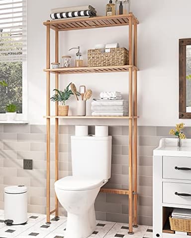 AmazerBath Over The Toilet Storage Shelf Bamboo, 3-Tier Over Toilet Organizer Rack, Freestanding Above Toilet Shelf for Bathroom, Laundry, Space Saver, Natural Color - Image 1
