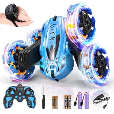 BEZGAR Remote Control Car - Gesture Sensing Explosive Wheel RC Car with Double Sided 360° Rotate, 4WD with Headlights, Rechargeable Batteries, Xmas Gifts for Boys (Blue) - Image 1