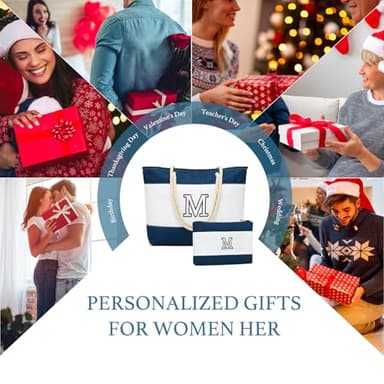Becokan Initial Beach Bag Waterproof Canvas Beach Tote Bag Zipper Personalized Gifts for Women Her Birthday Travel Essentials (M, Dark Blue 2 pcs) - Image 6
