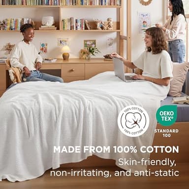Bedsure Gentlesoft 100% Cotton Blanket Twin XL Size for College Dorm - Breathable and Soft, Waffle Weave Twin Blanket for Summer, Dorm Room Essentials, White, 66x90 inches - Image 2