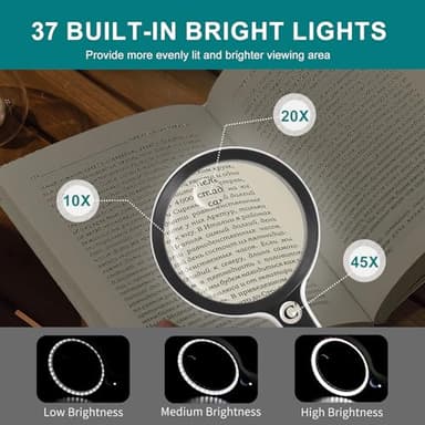 Large Magnifying Glass with 37 LED Light, 10X 20X 45X Handheld Illuminated Lighted Magnifier with 3 Light Modes for Seniors Reading, Inspection, Coins, Exploring Close Work - Image 2