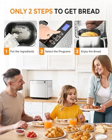 EUHOMY Bread Maker Machine 13 Program 2LB Bread Maker, Bread Machine with 3 Loaf Sizes and 3 Crust Colors, Breadmaker with Fruit & Nut Dispenser,Ideal for Family Gifts, Gluten Free - Image 3