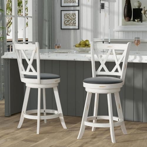 Betterhood 24" Counter Height Swivel Bar Stools - High Back Swivel Counter Stools with Upholstered Seat & Solid Wood Footrest, Counter Bar Chairs for Kitchen Island & Pub (Antique White, Set of 2) - Image 1