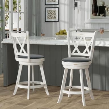 Betterhood 24" Counter Height Swivel Bar Stools - High Back Swivel Counter Stools with Upholstered Seat & Solid Wood Footrest, Counter Bar Chairs for Kitchen Island & Pub (Antique White, Set of 2) - Image 1