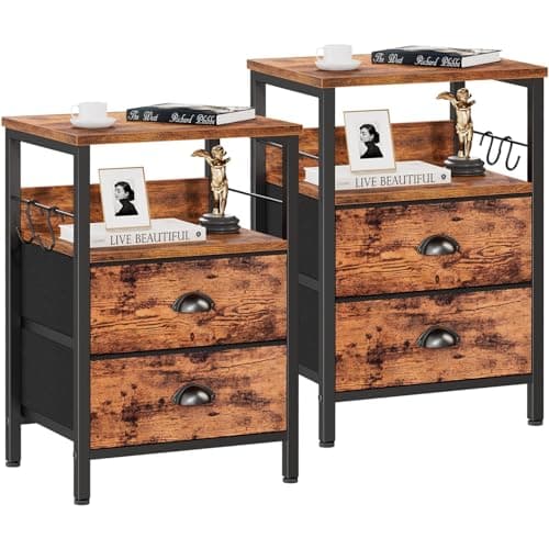 Furologee Nightstands Set 2, Bedside Table with 2 Fabric Drawers, End Table with Hooks and Shelf, for Bedroom/Living Room/Study/Hallway/Brown - Image 1