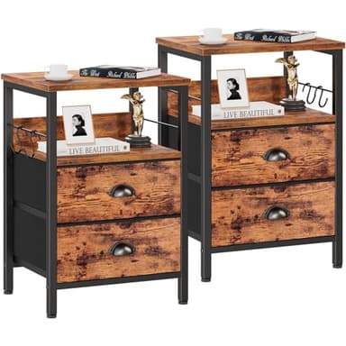 Furologee Nightstands Set 2, Bedside Table with 2 Fabric Drawers, End Table with Hooks and Shelf, for Bedroom/Living Room/Study/Hallway/Brown - Image 1