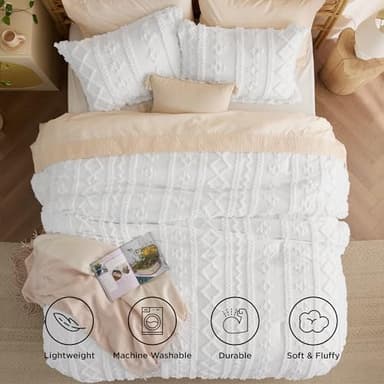 Bedsure Tufted Boho Comforter Set Queen Size - Bright White Boho Bed Set, GentleSoft™ 3 Pieces Farmhouse Shabby Chic Embroidery Bedding, Gifts for Woman, Soft Jacquard Queen Comforter for All Seasons - Image 4