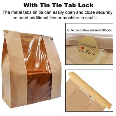 NOONEAST 100 Pack Large Paper Bread Bags for Homemade Bread Sourdough Bags 14" x 8.3" x 3.5" with Tin Tie Tab Lock Clear Front Window Bakery Bag Packaging Cookie Bag with Label Seal Stickers - Image 2