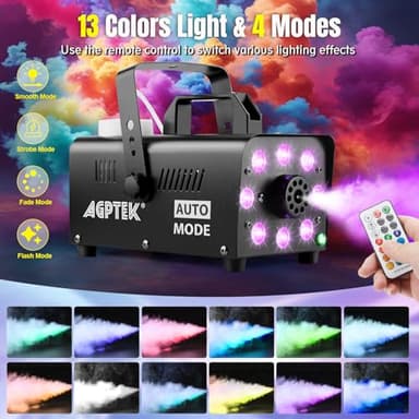 AGPTEK Fog Machine, Smoke Machine with 13 Colorful LED Lights Effect, Auto Mode 2000CFM Fog with 1 Wired Receiver and 2 Wireless Remote Controls, Perfect for Wedding, Halloween, Party and Stage Effect - Image 2