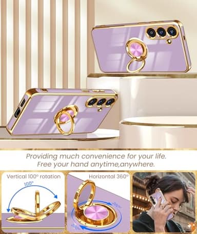 Dretal for Samsung Galaxy 25 Plus 5G Case, Screen Protector, 360° Rotatable Ring Holder Magnetic Kickstand,Plated Gold Edge Slim Soft TPU Protective Phone Case Cover for Galaxy 25+ (Purple) - Image 4