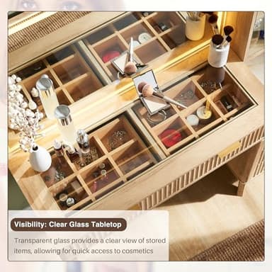 T4TREAM 48" Fluted Makeup Vanity Desk with Large 36" Mirror and Lights, Modern Glass Top Big Vanity Table with 5 Drawers & Adjustable Shelves, Dressing Table Set w/Charging Station for Bedroom, Oak - Image 5