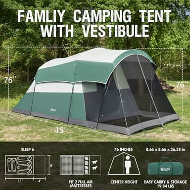 Portal 6 Person Family Tent for Camping with Screen Room, Weather Resistant Tall Tent with Rainfly, Easy Setup for Family Outdoor Camping, Backyard - Image 2