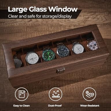 Ohuhu Watch Case Watch Organizer for Men PU Leather 6 Slot Watch Holder Real Glass Lid Jewelry Organizer Storage Soft Velvet Watch Display Case for Women Birthday Fathers Day Valentine's Day Gifts - Image 3