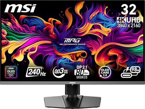 MSI MPG 322URX QD-OLED 32-inch 3840 x 2160 (UHD) Computer Monitor, 240Hz, Adaptive-Synch, HDMI, DP Port, VESA Mountable, Tilt, Speaker, 0.03ms, Black - Image 1