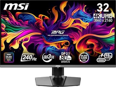 MSI MPG 322URX QD-OLED 32-inch 3840 x 2160 (UHD) Computer Monitor, 240Hz, Adaptive-Synch, HDMI, DP Port, VESA Mountable, Tilt, Speaker, 0.03ms, Black - Image 1