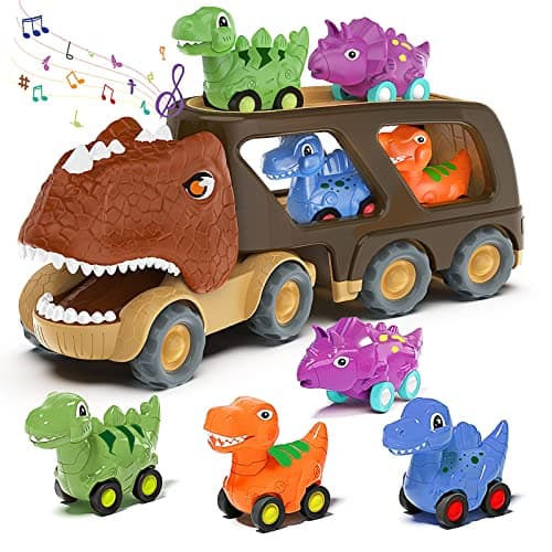 Veslier Dinosaur Car Toy for 2 3 4 5 Years Old Boys, Friction Power Carrier Truck with 4 Pack Small Pull Back Dino Car, Christmas Birthday Gift for 18+ Months Boy Girl Kids Toddlers - Image 1