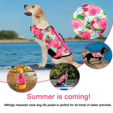 Mklhgty Hawaiian Dog Life Jacket - Adjustable Ripstop Vest with Rescue Handle for Swimming Boating, High-Flotation Safety Device for Small Medium Large Dogs (Floral Pink, XL) - Image 2