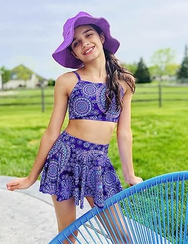 Arshiner Bathing Suits 3 Piece Girl Hawaiian Bathing Suit Tankini Skirt Set Kids Swimming Clothes Floral Swimsuits 14-15 Years Purple Bathing Suits for Teens 14-16 - Image 5
