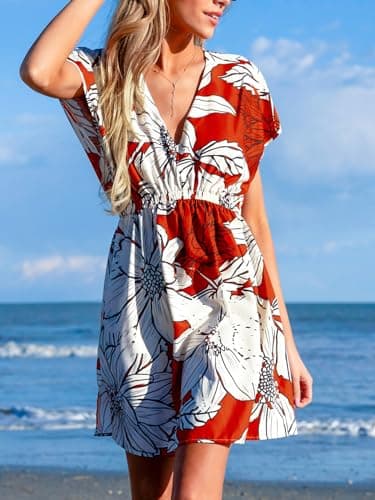 CUPSHE Women's Swimsuit Cover Up Dress Short Sleeve Beach Coverup Summer V Neck Dress White&Red Floral X-Large - Image 3
