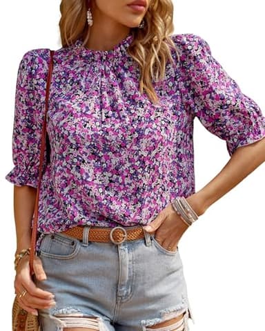 BTFBM Womens Summer Tops Boho Floral Blouses Frill Trim Mock Neck Puff Short Sleeve Shirts Dressy Casual Fall Top 2025(Floral Purple White, Large) - Image 1