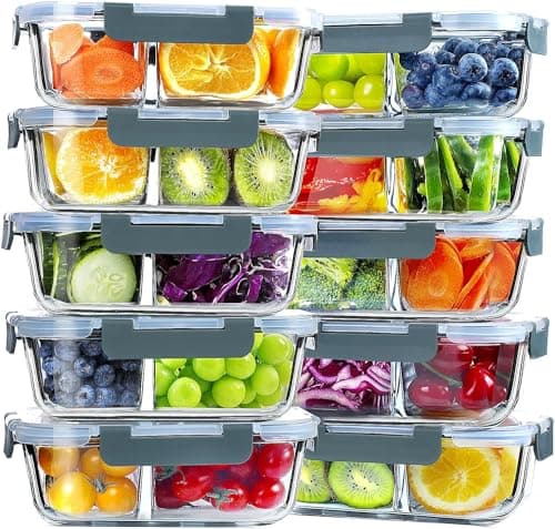 VERONES 10 Pack Glass Meal Prep Containers 2 Compartment Set, 30 OZ Airtight Glass Lunch Containers, Glass Food Storage Containers with Lids, for Microwave, Oven, Freezer & Dishwasher Friendly,Grey - Image 1