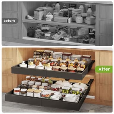 Seinloes 4 Pack Pull Out Cabinet Organizers 21" Deep With Raising Pad for Framed Cabinets, Expandable Width (15.2"-26.3") Slide Out Drawers Upgrade 3 Slide Rails, Roll Out Shelves Adhesive, Black - Image 6